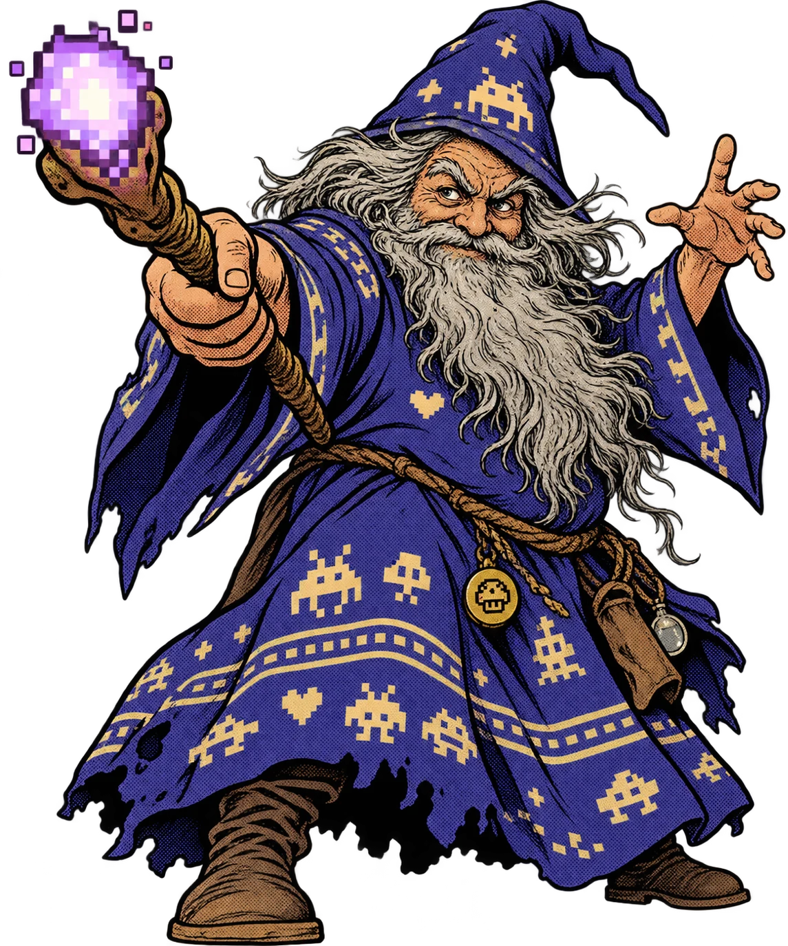 Scroggy the mischievous wizard, in arcade-patterned robes, casting a spell with his pixel-powered staff